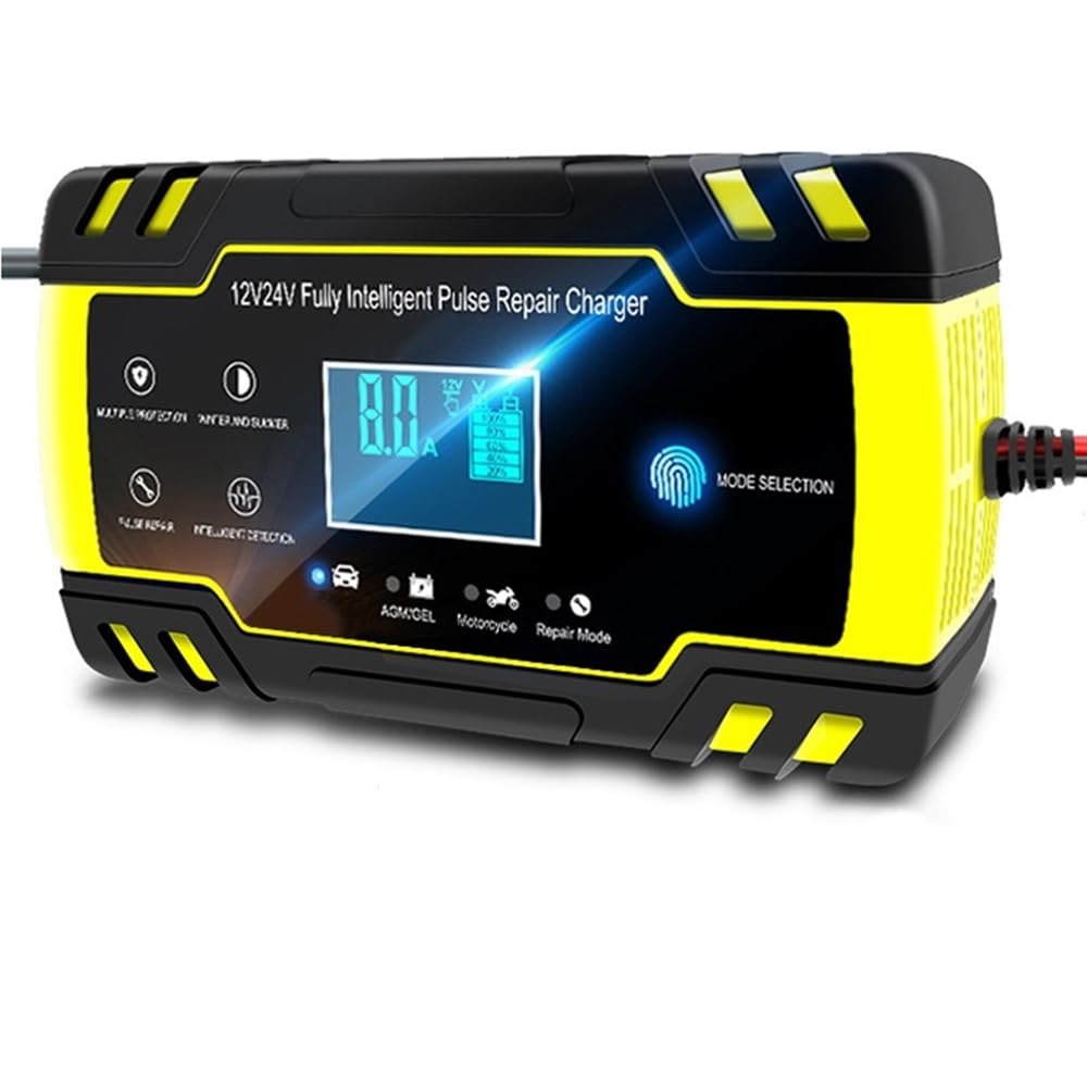 Cargador Baterias Coche Cargador de batería de Coche 8A 12/24V Reparación de Pulso Pantalla Digital de Carga de energía rápida Cargador BateríA Coche(Yellow)