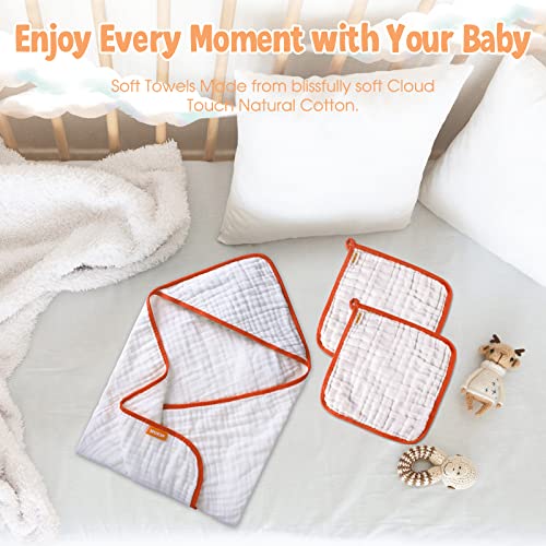 Image of MUKIN Baby Hooded Towels and Washcloths - Soft Absorbent Cotton Baby Bath Towel and Wash Cloth for Newborn Infant Boys /Girls. | Toddler Towel Pack with Hood. (Orange)