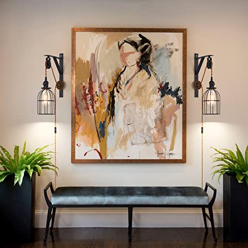 Image of Plug in Pendant Light, Farmhouse Pulley Wall Lamp with 7-Foot Brown Plug in Cord & Switch, Industrial Hanging Lamps that Plug into Wall Outlet