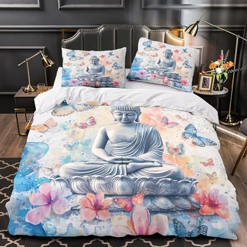 LUYAPOND Fleur Et Papillon Housse de Couette 140x200 Bouddha Parure de Lit en Microfibre avec Fermeture Éclair, 1 Housse Couette + 1 Taie d'oreiller 65x65 cm
