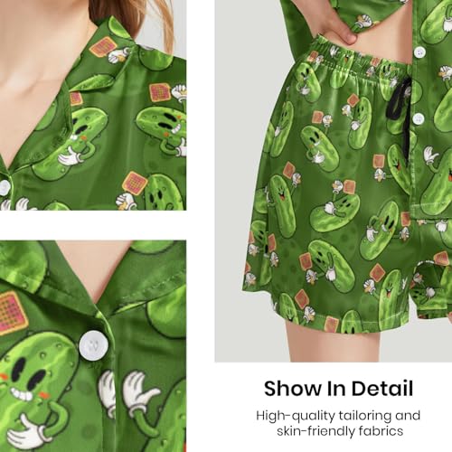 Image of Funny Pajamas for Women Set Print Satin Loungewear Pjs Short Sleeve Button Down Top and Shorts Sets Sleepwear XS-3XL