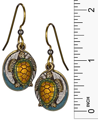 Orange Turtle Layered Over Hammered Textured Circular Blue Disc Earrings By Silver Forest #TOP2