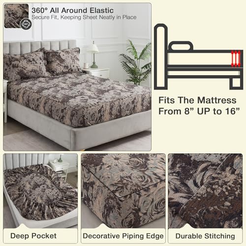 Image of Brown Floral Muslin Sheets Queen, Shabby Rose Daisy Chic Soft Deep Pocket Sheet Set, Dark Flower Luxury Vintage Bed Sheets, Cottage Core Designer Bedding, 100% Washed Cotton, 4Pcs