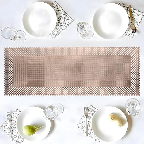 Image of Kuber Industries 13x36 Soft Leather Anti Slip Table Runner For Centre Table | Stylish Dining Table Runner for Living Room - Dining Table Accessories for Home /Hotel | Mesh Design - Gold