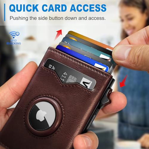 Image of miyozi Airtag Wallet for Men,with Cash Pocket 2 ID Window 9-12 Cards,Metal Case Smart Slim Pop Up Credit Card Holder Flip with Magnetic Closure RFID Blocking Trifold wallet with Gift Box