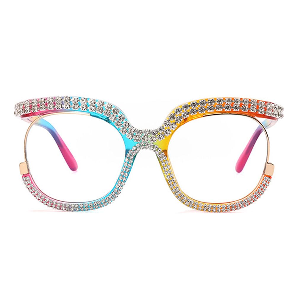 Occhiali da Lettura Presbiopia Oversize Rotondo:Acetato Metallo Frame Vintage con Anti Luce Blu Lenti Cerniera a Molla Occhiali Lettori Con diamante per Donna Uomo (Arcobaleno, 3)
