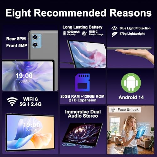 Image of 2025 Tablet 10 inch Android 14 Tablets with Keyboard Mouse, 20GB RAM 128GB ROM 2TB Expand 2 in 1 Tablet with Octa-core 6000mAh, HD IPS Display, Widevine L1, 5G WiFi 6, Dual Camera, GMS (Gray)