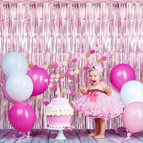 Image of GOER 3.2 ft x 9.8 ft Metallic Tinsel Foil Fringe Curtains for Party Photo Backdrop Wedding Decor (2 Packs, Pink)