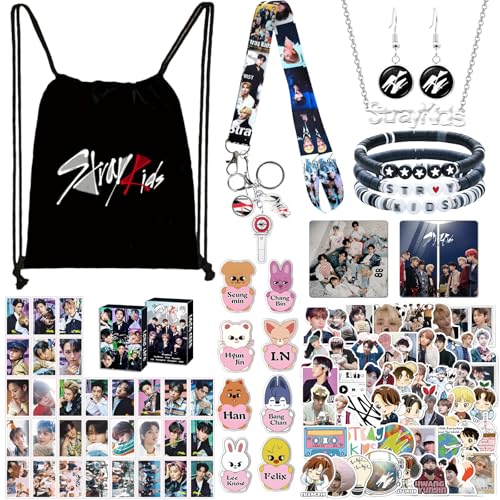 NlsqUK Stray Merch Gifts Set, Kpop Stray Merch Set, Includes Drawstring Bag Lanyard Stickers Keychain Necklace Earrings Badges Phone Stand