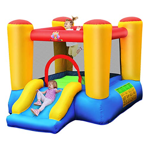 COSTWAY Château Gonflable avec Toboggan pour 2 Enfants de 3 à 5 Ans, Aire de Jeux Gonflable pour Sac de Transport, Piquets d’Ancrage au Sol, Kit de Réparation (avec Pompe Air De 300W)…