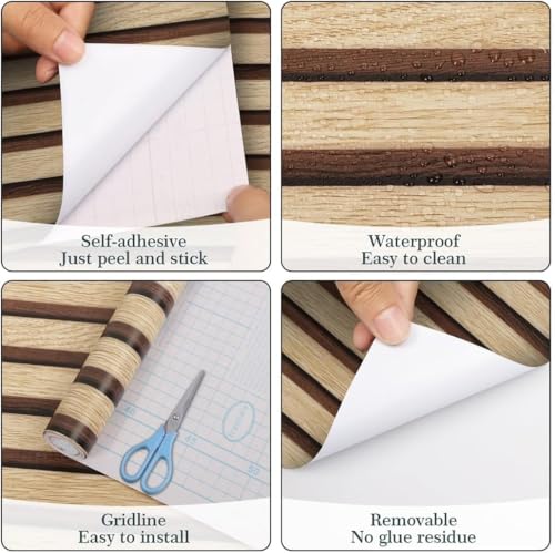 Image of Veki Luxury Floral & Botanical Geometric Wallpaper Mural - Waterproof, Moisture-Proof, Self-Adhesive PVC Wall Sticker for Home & Hotel Decoration (45cm x 300cm) (Brown Wooden Stripe)