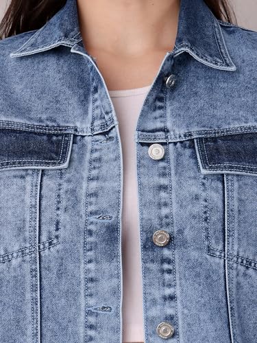 Image of Miss Chase Women's Polo Neck Full Sleeves Patch Pocket Denim Overcoat Knee-Length Jacket