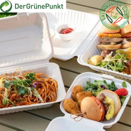 Greenkaufen Bio Bagasse stabil Einweg Warmhalte- Menüboxen 2 geteilt, Klappbox, Snackboxen IP10, 23x15x8cm 900 ml weiß umweltfreundiche menubox Verpackungsboxen (50 stück)