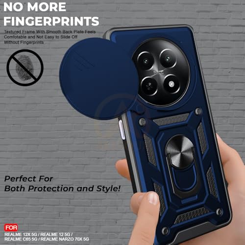 Image of Armor Bumper Back Cover Case for Realme 12 / 12X / C65 / Narzo 70X 5G Rotating Camera Cover, Ring Holder & Kickstand | Heavy Duty & 360 Degree Protection Back Cover (Blue)