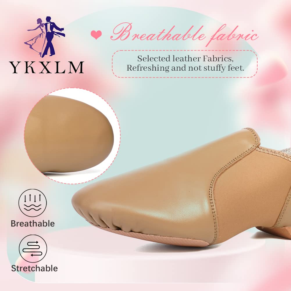 YKXLM Split Sole Jazz Dance Shoes Women & Men Supper Easy Slip On Soft Leather, Neoprene Jazz Dance Shoes,Model JS359,Brown,7 US