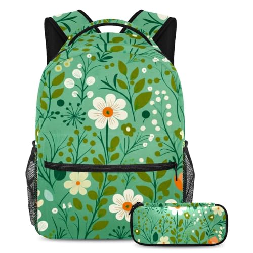 Sac à dos anti-cahiers cornés avec trousse assortie motif floral vert