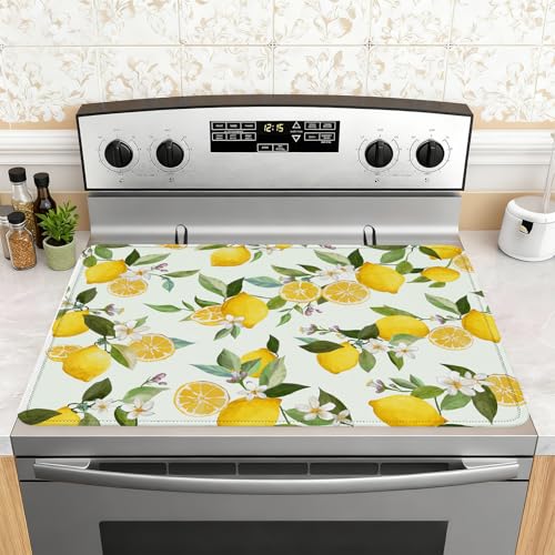 Image of Lemon Blossom Stove Top Cover for Electric Stove, Lemon Fruit Covers for Electric Stove, Rubber Dish Drying Mat, Glass Cooktop Covers, Flat RV Range top Mats, 28 inchx20 inch
