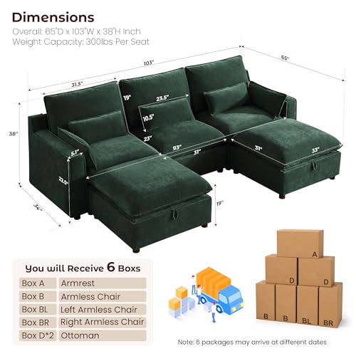 Image of WorthFurni Modern Modular Sectional Sofa,103 inch U Shape Minimalist Couch with Storage Ottoman,Comfty 4 Seat Sofa for Living Room,Green Chenille