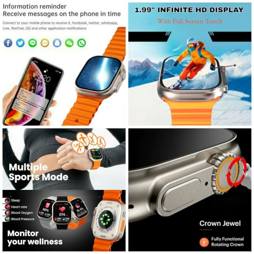 Image of T8OO Mens & Womens Smartwatch | Bluetooth Calling | 1.99 inch HD Touch Display | 1-Game | Calculator | Calander | Fitness & Sports Mode | Waterproof | Change Wallpaper | O110 | (Free Size, Orange Straps)
