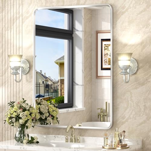 GOLOMO 24x36 Inch Silver Framed Mirror, Silver Bathroom Vanity Mirror for Wall, Brushed Nickel, Rounded Rectangle Mirror, Shatterproof, Anti-Rust (Horizontal/Vertical)