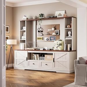 EnHomee Wood TV Stand TV Stands for Living Room Up to 65Wall Unit Entertainment Center with Ample Storage Space and Adjustable Shelves TV Console with 2 LED Lights Power Outlets White