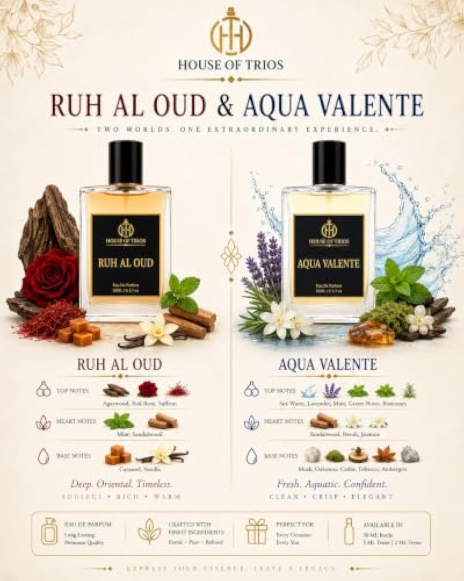 Ruh Al Oud & Aque Valente Eau De Parfum for Men, 100ml