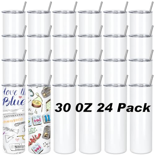 Muwnrol 30 Oz Sublimation Tumblers Bulk (24 Pack) - Stainless Steel Double Wall Vacuum Insulated Cups With Straw, Individually Boxed
