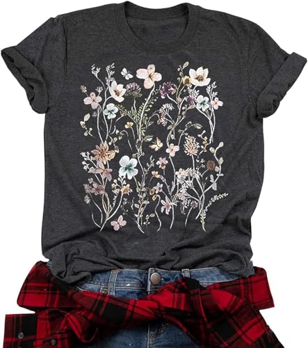 WIPXITK Floral Graphic Shirt Women Boho Wildflowers Tee Vintage