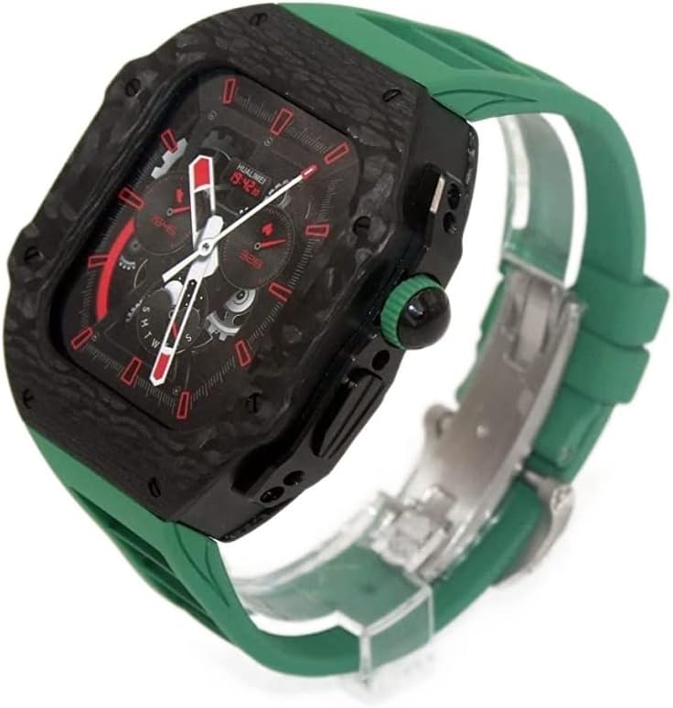 Carbon Fiber Watch Case with Fluorine Rubber Band Mod Kit，For Apple Watch Ultra 49mm, Fluororubber Wach Strap+Bezel，For Iwatch 8 7 45mm 6 5 4 SE 44mm