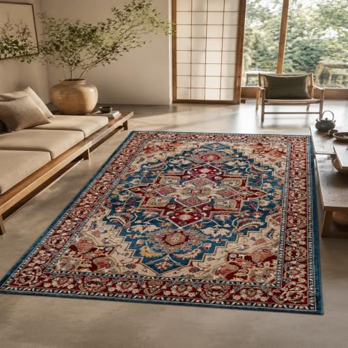 Tapis oriental vintage bleu et jaune premium | Grand tapis de salon contemporain chic - 2
