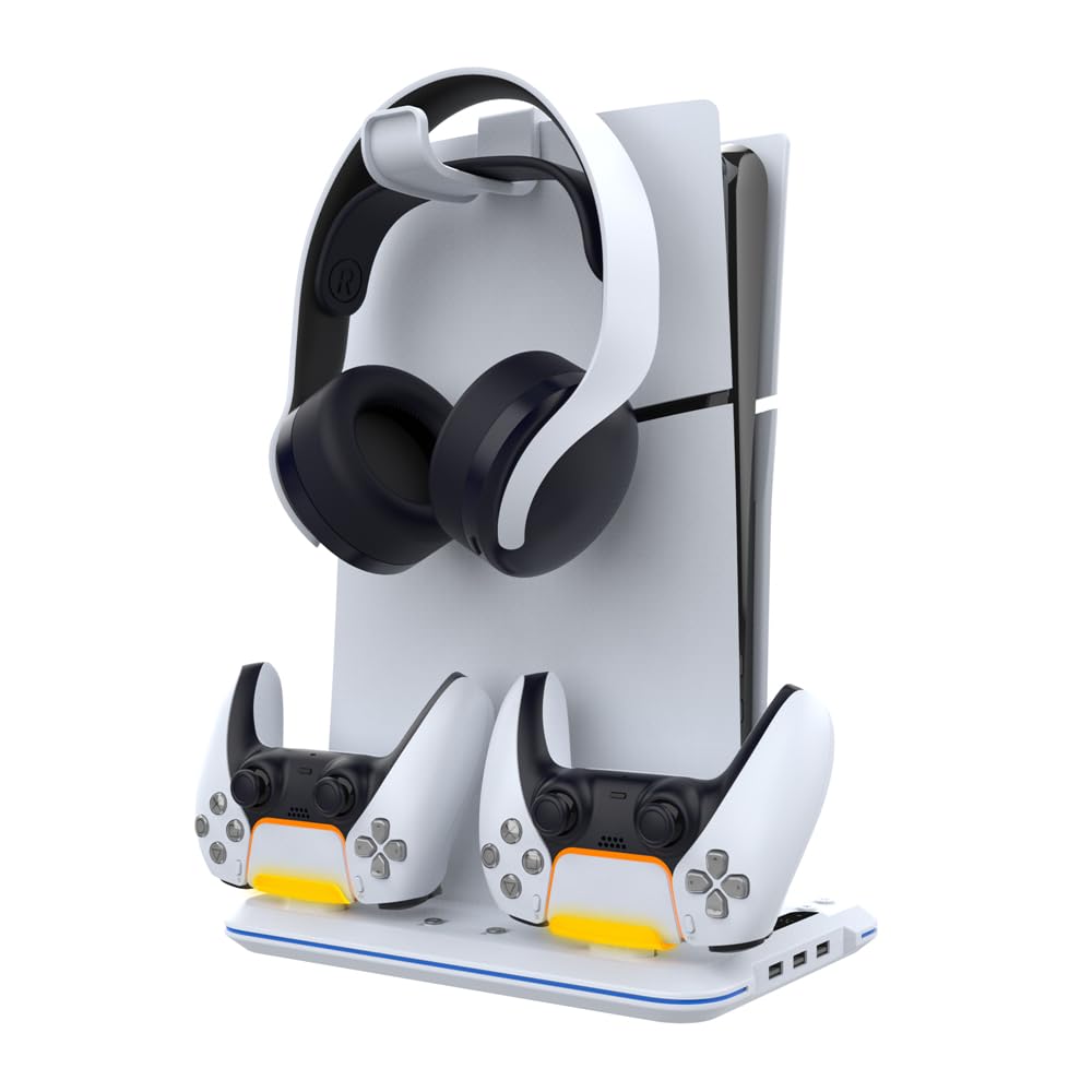 Genérico Soporte y estación de refrigeración con controlador LED RGB Estación de carga consola para PS5 Slim Base de refrigeración multifuncional con colgador de auriculares
