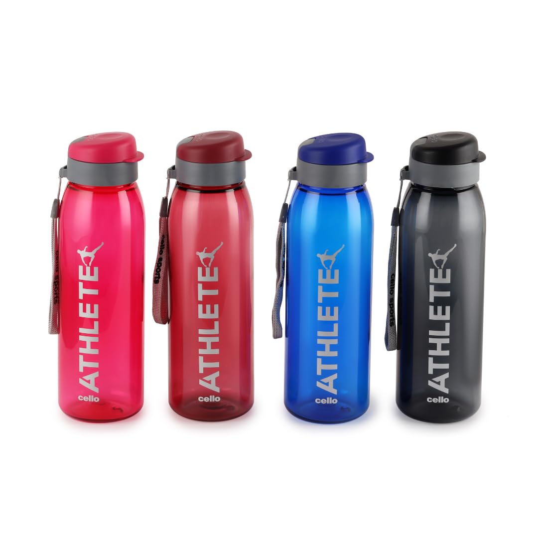 CELLO Athlete Flip Top Lid Water Bottles Set of 4, 800ml Each | Unbreakable & Hygienic | BPA-Free, Food Grade | Airtight, Leakproof | Plastic Water Bottle Set For Fridge, Home, Kitchen, Gift