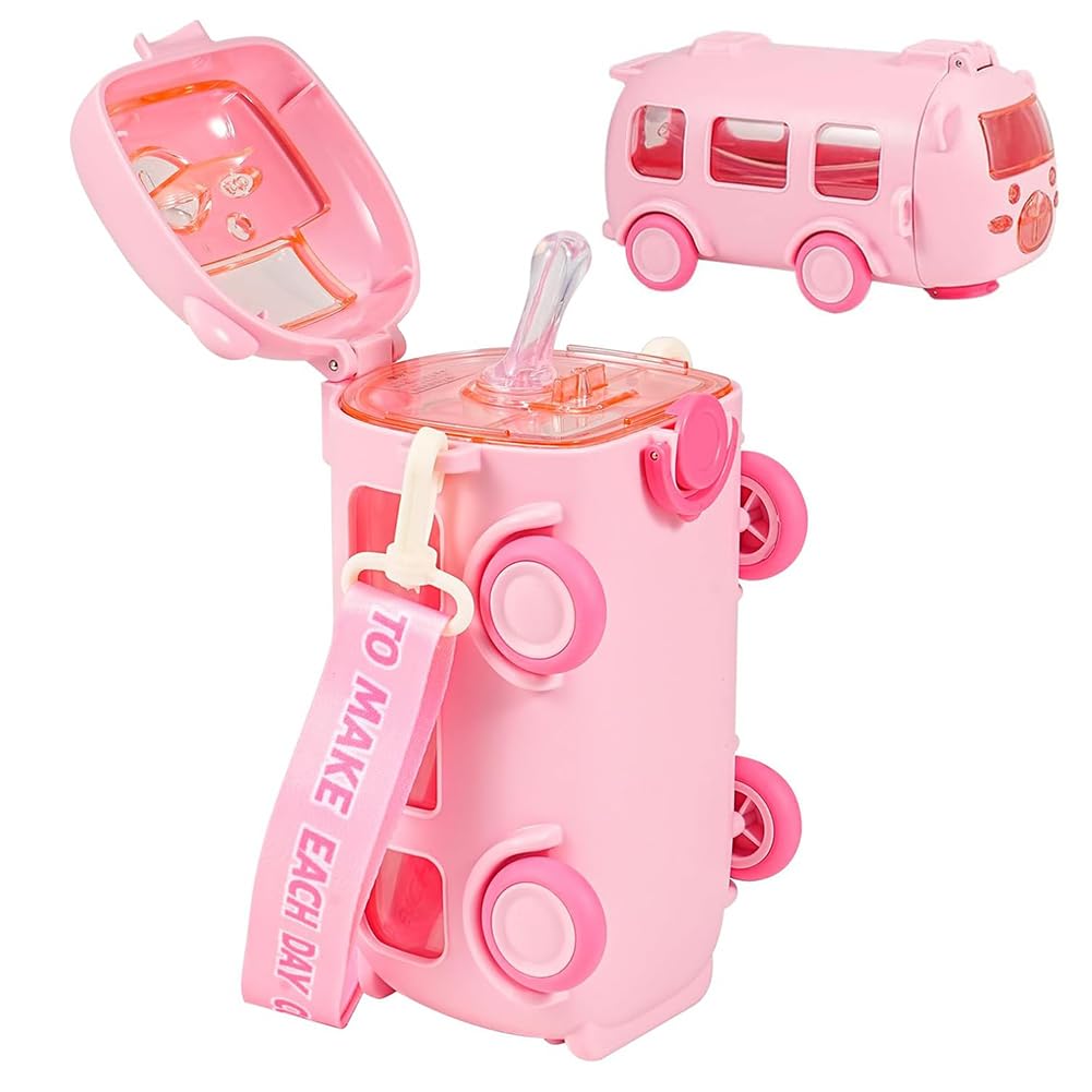 PyrrlicToy Car Water Bottle 500ml Cartoon Children's Leak Proof Straw Cup with Shoulder Strap Portable Baby Water Bottle Kindergarten Student School Outdoor (Pink)