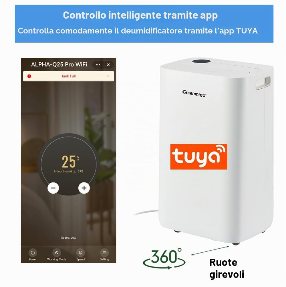 Deumidificatore 25L/24h,Deumidificazione Smart Adatto fino a 70m2,WiFi,Ionizzatore,Filtro Hepa Filtro e ai Carboni Attivi,Scarico Continuo,Serbatoio 4.5 Litri,Timer(ALPHA-Q25 Pro WiFi)