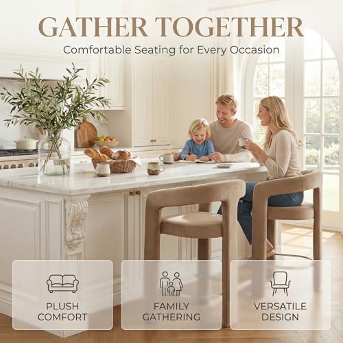 Image of HNY Modern Barrel Bar Stools Set of 3, 26 Inch Upholstered Velvet Counter Height Barstools with Open Back and Armrests, for Kitchen Island, Home Bar, Dining Room, No Assembly, Khaki