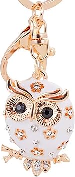 Women Lovely Owl Keychain Shiny Rhinestones Purse Charm Handbag Car Pendant Bag Key Ring white
