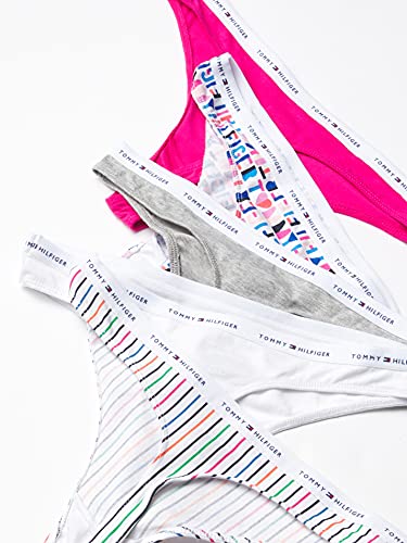 Tommy Hilfiger Womens Classic Cotton Thong, 5 Pack Thong Panties, Abstract Font Grey Stripe White Beetroot, Medium Us #TOP1