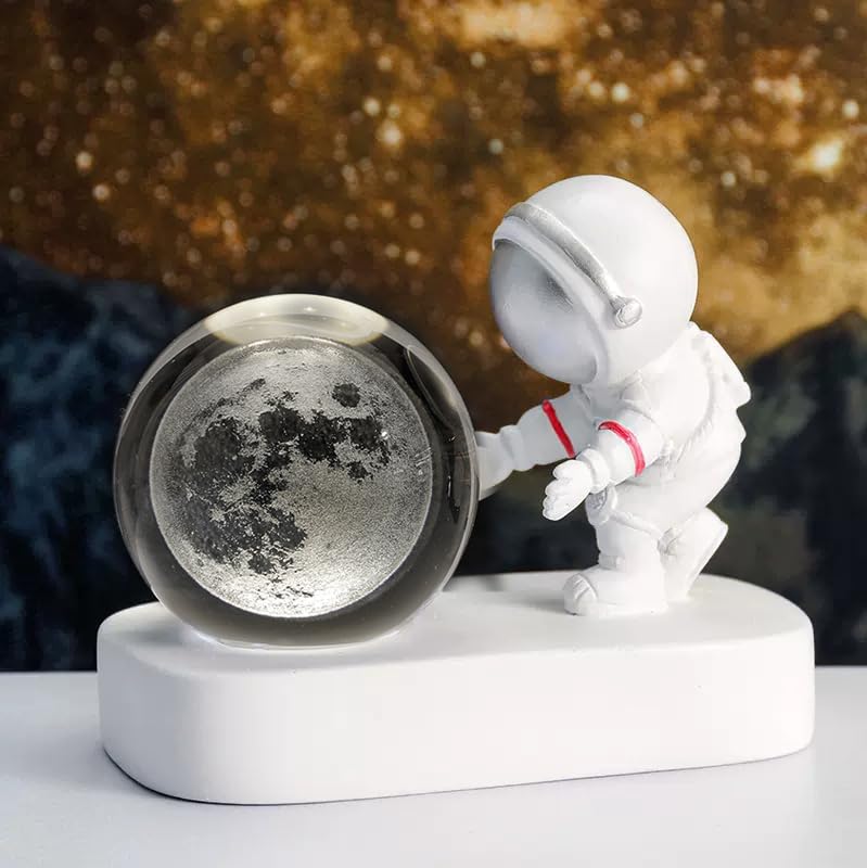 Glowing Crystal Ball 3D Inner Carved Small Crystal Ball Light with Astronaut, Decorative Creative Gift Luminous Crystal Ball for Christmas Classmates and Kids Birthday (Silver, Moon)