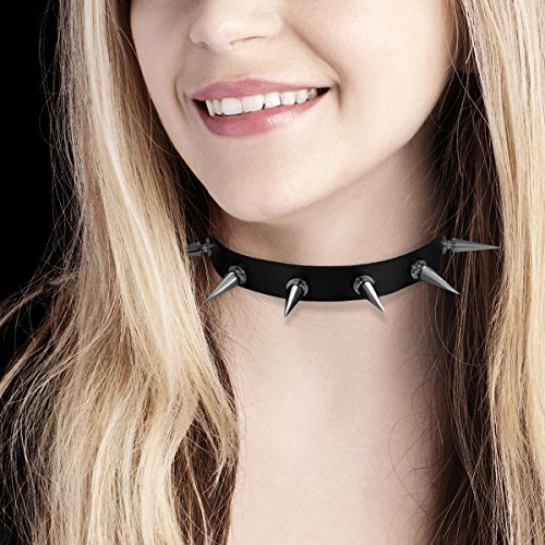 Flongo Gothic Black Rivet Leather Spiked Necklace Neckband Choker, Unisex Spike Studded Punk Rock Biker Wide Strap Leather Collar Necklace, Rivets Spiked Accent Leather Choker (Newest Upgrade Model)4