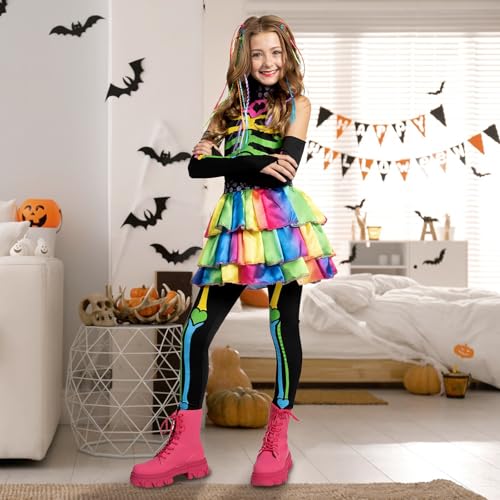 Ntwdby Disfraz Halloween Niña Esqueleto, Colorido Disfraz de Esqueleto para Niñas, Vestido Esqueletos de Halloween Niñas, Disfraces de Esqueletos para Niña para Halloweens Carnaval y Cosplay (M)