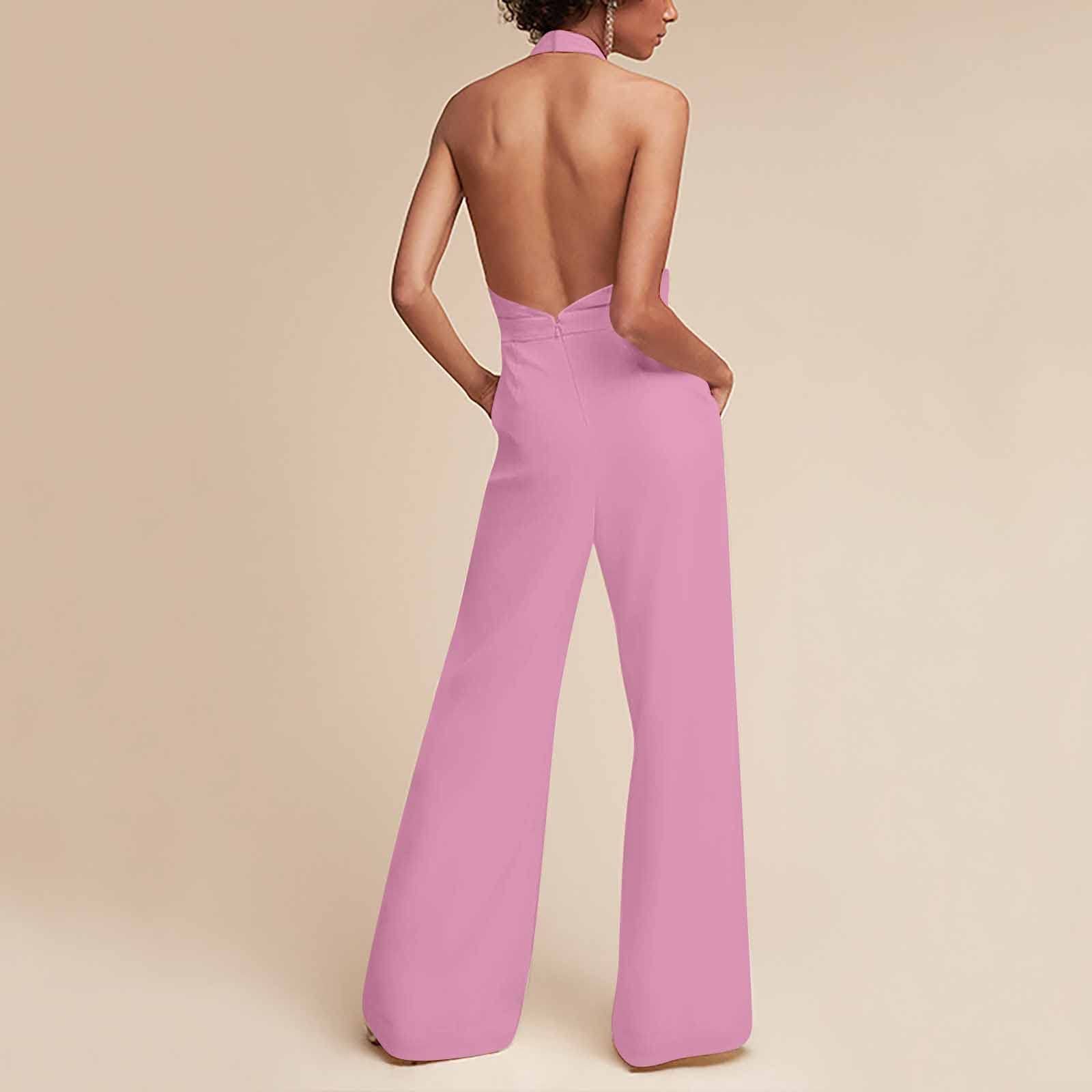 Generisch Jumpsuit Damen Elegant Festlich Lang Jumpsuits Für Damen Hochzeit V Ausschnitt Overall Frauen Weites Bein Overalls Neckholder Rückenfrei Hosenanzug Hochzeitsgast Playsuit Ärmellos Onesie