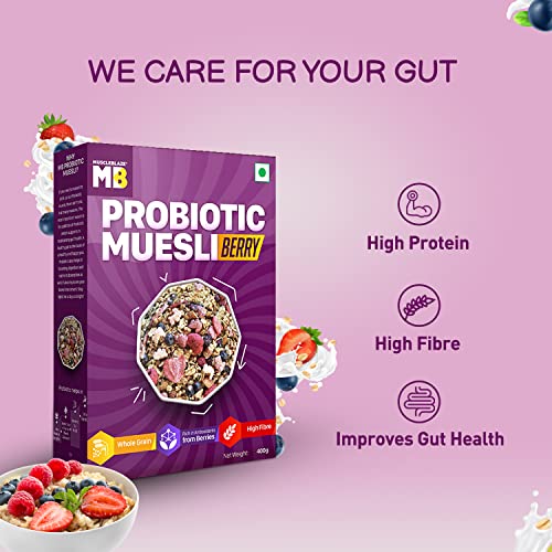Image of MuscleBlaze Probiotic Muesli, Berry, Breakfast Cereals for Better Digestion & High Protein Absorption, Whole Grain, High in Protein and Antioxidant-Rich, 400 g