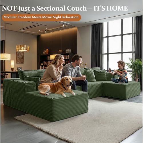 Image of 138 inch Cloud Sectional Couch, Comfort U Shaped Boneless Couch for Living Room, Extra Deep Seats No Assembly, Minimalist Modular Sofa, Corduroy (Olive Green, 3 Seater+Left Facing Chaise+Ottoman)