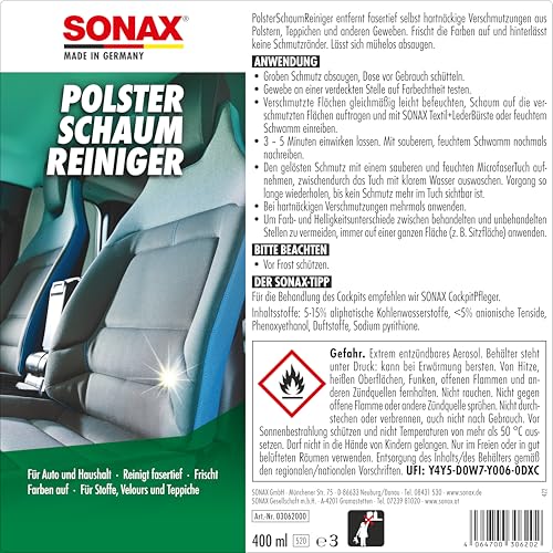 SONAX PolsterSchaumReiniger (400 ml) entfernt fasertief selbst hartnäckige Verschmutzungen aus Polstern, Teppichen und anderen Geweben | Art-Nr. 03062000
