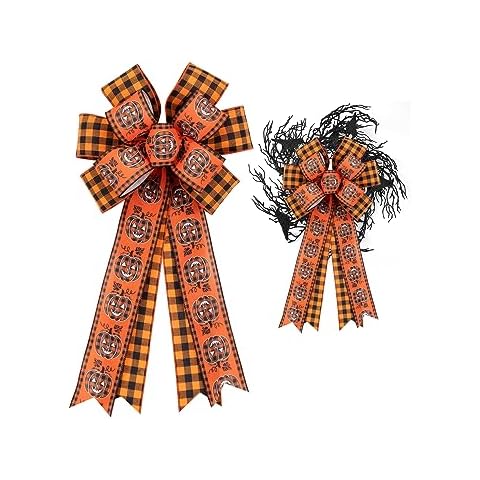 jargebur Fall Wreath Bow, Thanksgiving Wreath Bows Multilayer Orange Buffalo Plaid Gift Bow for Autumn Thanksgiving Halloween Christmas Front Door Wreath Indoor Outdoor Wall Decoration Cover