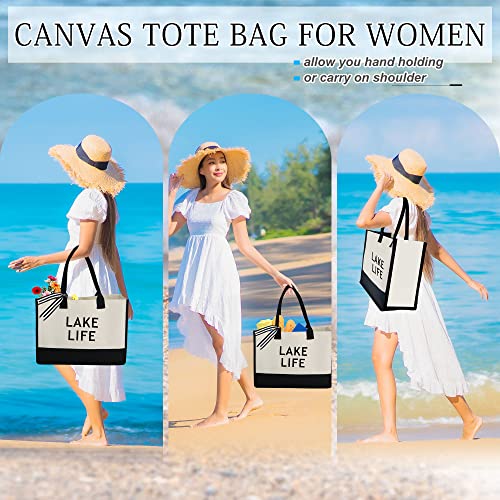 BeeGreen Beach Tote Bag For Women 13oz Canvas with Inner Zipper Pocket Print Pattern 17" X 12.5" X 6.7" White Side Personalized Gifts For Women Birthday Gifts For Mom Friend Thank You Gifts4