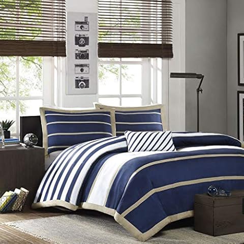 Mi Zone Ashton Casual Comforter Set, Vibrant Colorblock Design, Modern Bedding Geometric Stripes All Season Cover, Matching Shams, Decorative Pillow, King/Cal King, Khaki/Navy, 4 Piece Cover