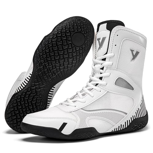 Hiuzylqx Uomo Scarpe da Boxe Scarpe da Lotta Pugilato Wrestling Suola Antiscivolo per Allenamento Combattimento Esercizio Fitness Arti Marziali,Bianca,43 EU