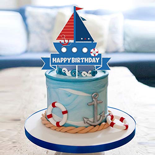 Giltter Sailboat Happy Birthday Cake Topper,Ocean Sailing Cake Decor,Nautical Theme Party Decorations For Kids Birthday Party Baby Shower #TOP5