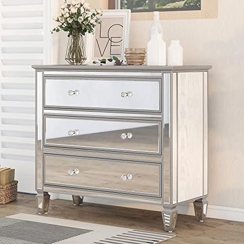 CKLMMC Elegant Mirrored Chest with 3 Drawers, Modern Silver Finished Chest for Living Room Bedroom